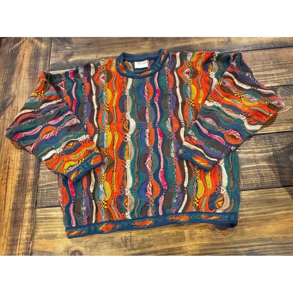 Vintage COOGI Australia Sweater Mens L 3D Knit Mercerised Cotton Multicolor 90s